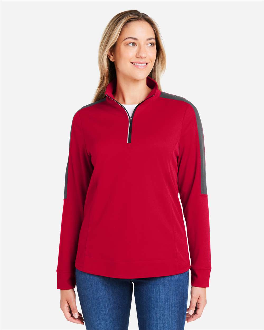 Women's Market Snag Protect Mesh Colorblock Quarter-Zip Pullover – CE404W – Classic Red/ Carbon