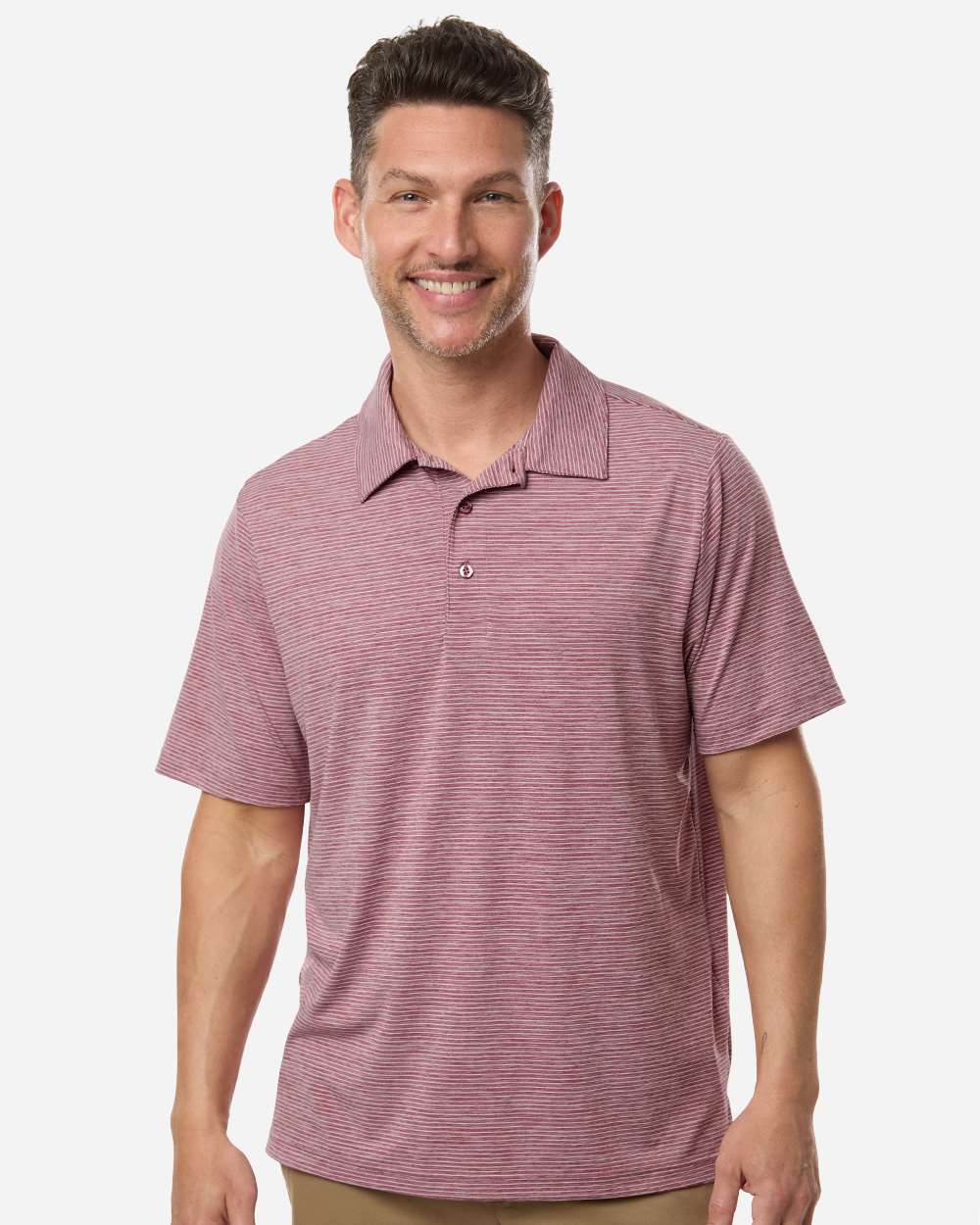 Men's Relay Heathered Stripe Polo – TT125 – Sport Maroon Heather/ White
