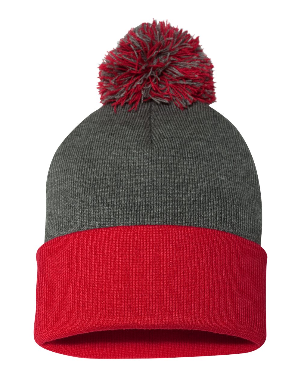 12" Pom-Pom Cuffed Beanie – SP15 – Dark Heather Grey/ Red