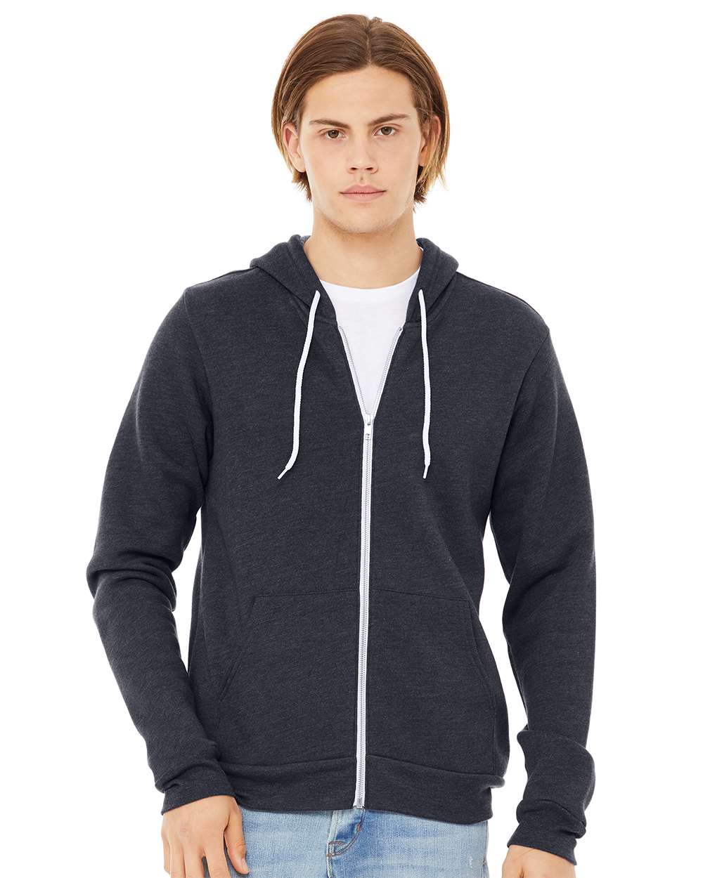 Unisex Sponge Fleece Full-Zip Hoodie Sweatshirt – 3739 – Heather Navy