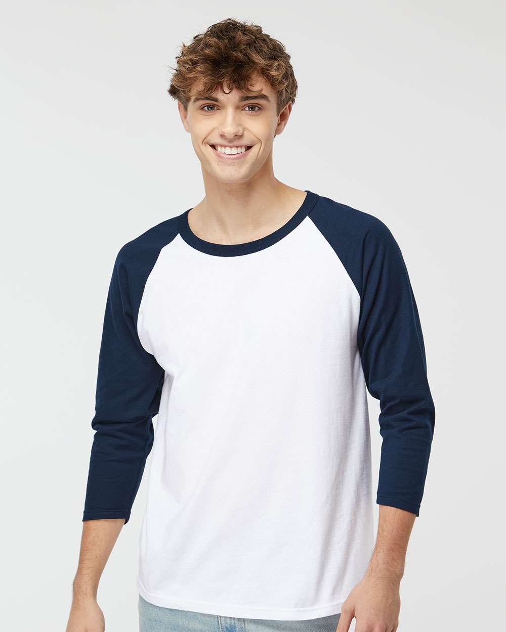 Raglan Three-Quarter Sleeve Baseball T-Shirt – 5540 – White/ Navy